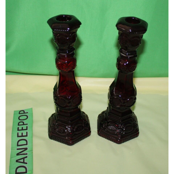 Ruby Red Glass Avon Cape Cod 1876 Pair Of Charisma Cologne Candlesticks Empty - Picture 13 of 16